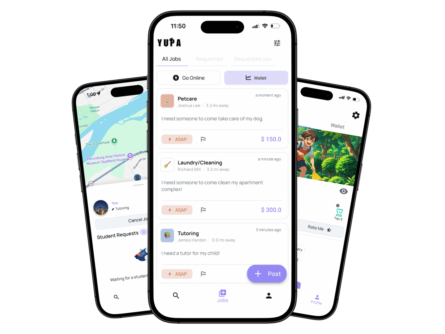 The YUPA app showing nearby student gigs — pet care, cleaning and tutoring jobs