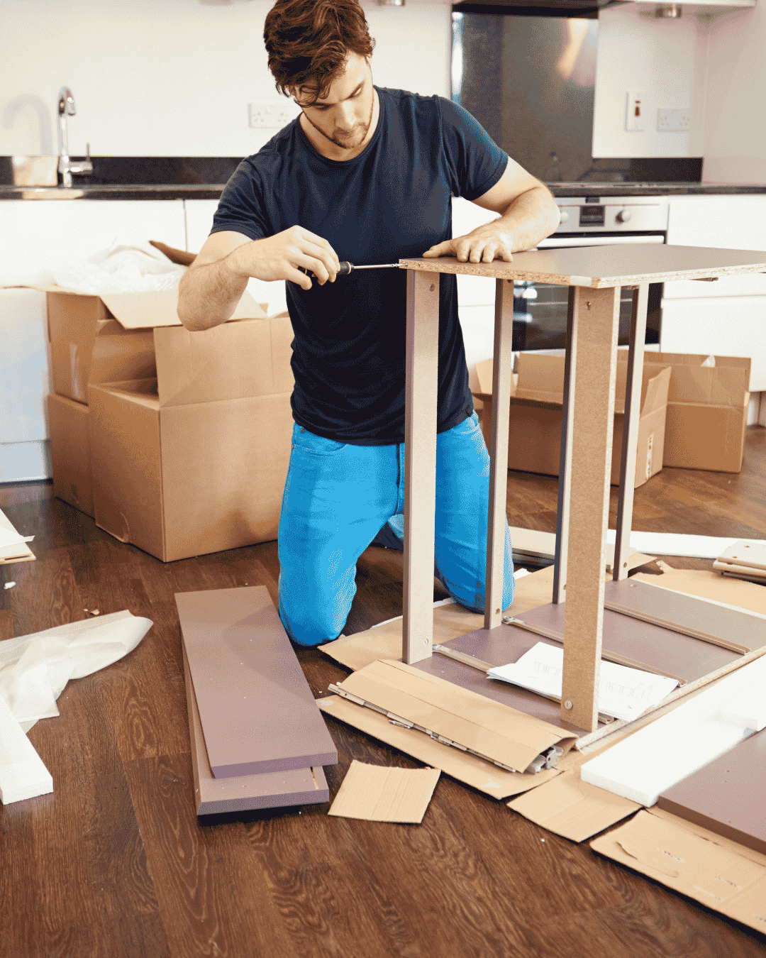 Student assembling furniture